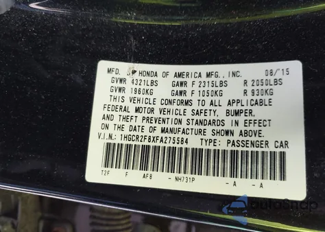 2015 Honda Accord Ex-L из США, поврежденный, VIN 1HGCR2F8XFA275584